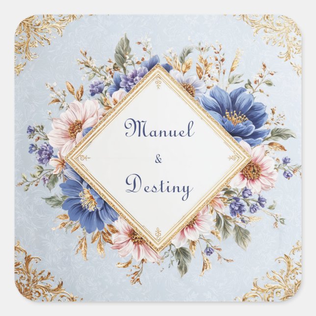 Elegant Victorian Blue and Gold Floral Design Square Sticker (Front)
