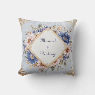 Elegant Victorian Blue and Gold Floral Design Throw Pillow