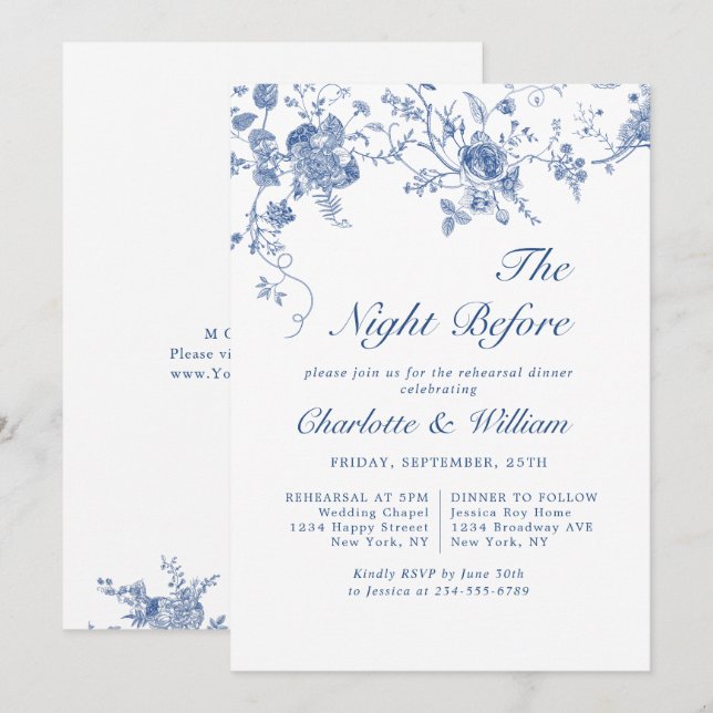 Elegant Victorian Blue Floral Rehearsal Dinner Invitation (Front/Back)