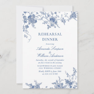 Elegant Victorian Blue Floral Rehearsal Dinner Invitation