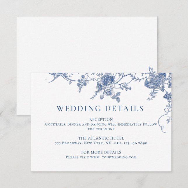 Elegant Victorian Blue Floral Wedding Details Enclosure Card (Front/Back)