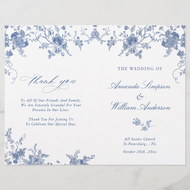 Elegant Victorian Blue Floral Wedding Program (Front)