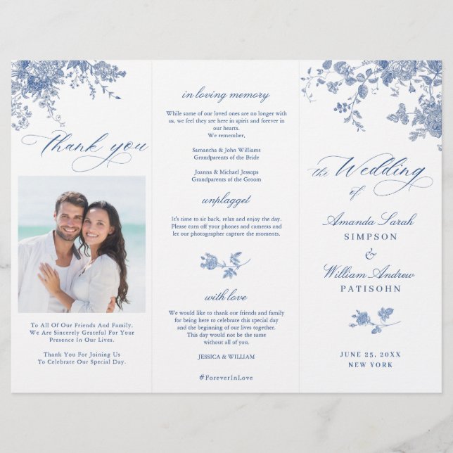 Elegant Victorian Blue Floral Wedding Program (Front)
