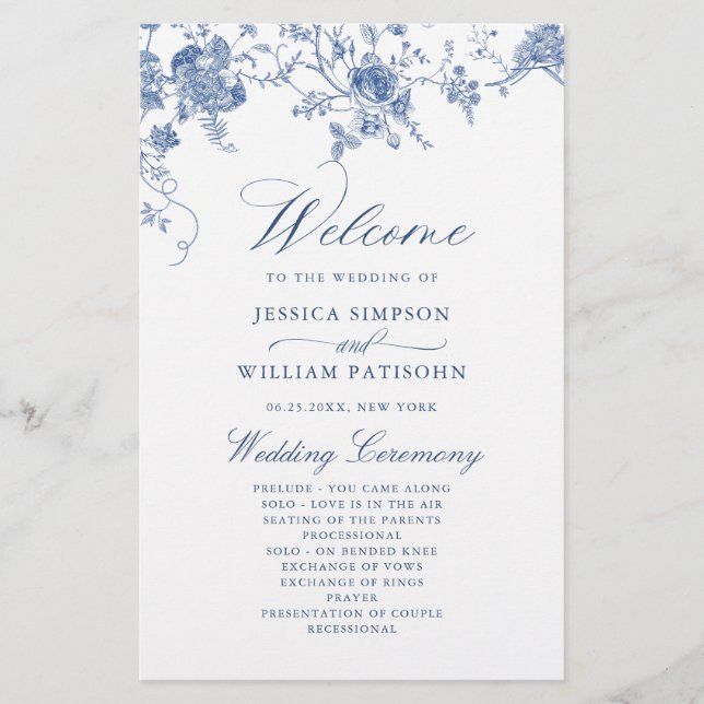 Elegant Victorian Blue Floral Wedding Program (Front)