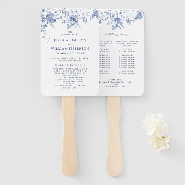 Elegant Victorian Blue Floral Wedding Program Hand Fan (Front and Back)
