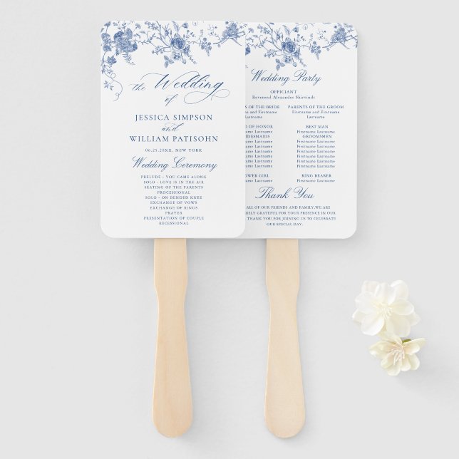Elegant Victorian Blue Floral Wedding Program Hand Fan (Front and Back)