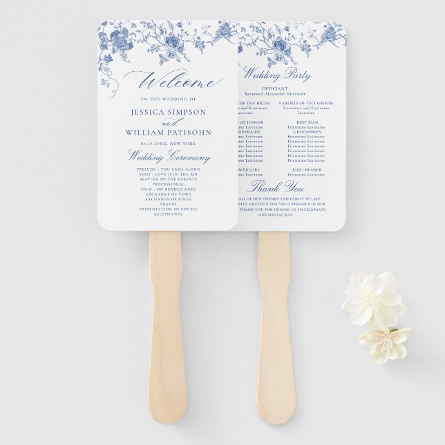 Elegant Victorian Blue Floral Wedding Program Hand Fan (Front and Back)