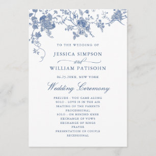 Élégant Victorian Blue Floral Wedding Programme