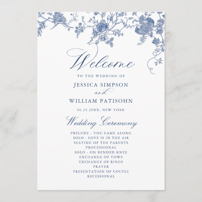 Élégant Victorian Blue Floral Wedding Programme (Devant)