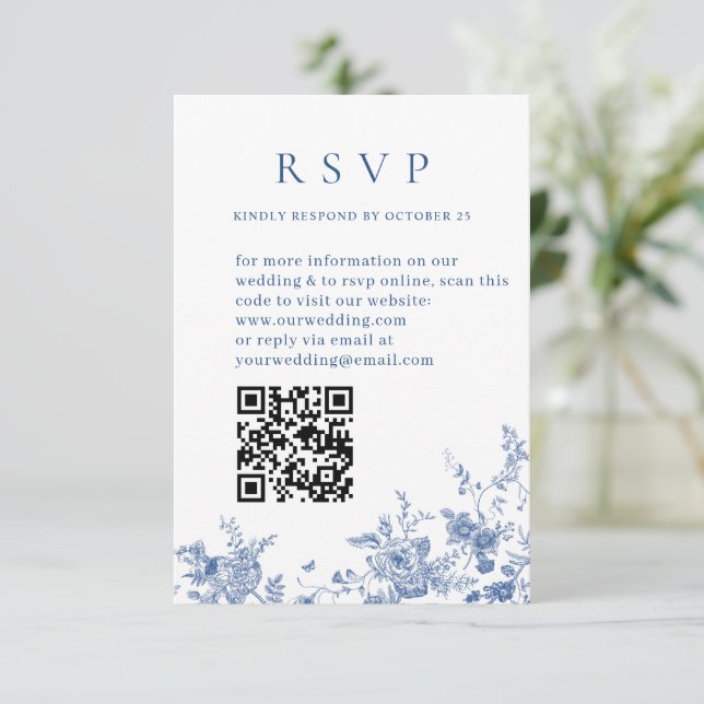 Elegant Victorian Blue Floral Wedding QR code RSVP Card (Standing Front)