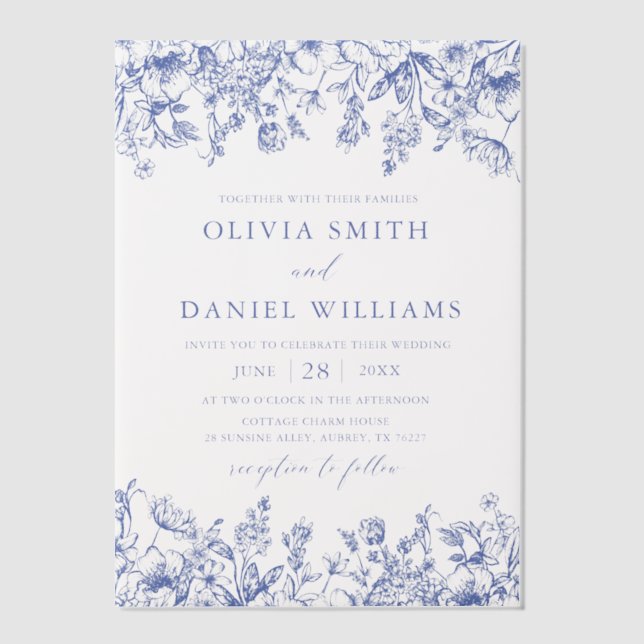 Elegant Victorian Blue Floral Wildflower Wedding Vellum Invitations (Front)