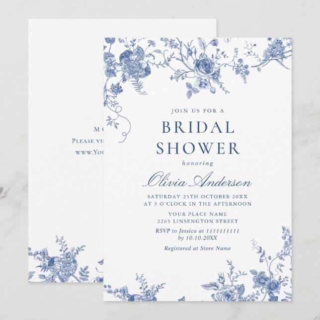 Elegant Victorian Blue French Floral BRIDAL SHOWER Invitation (Front/Back)