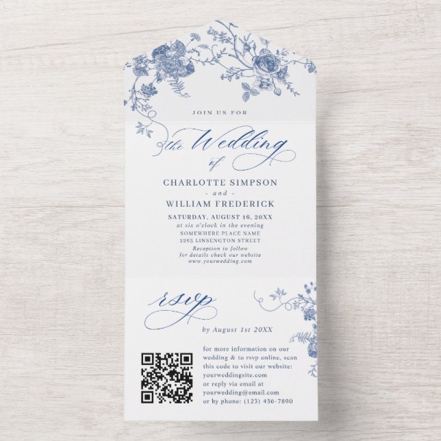 Elegant Victorian Blue French Floral Wedding All In One Invitation (Inside)