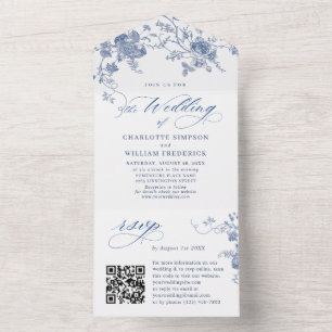 Elegant Victorian Blue French Floral Wedding All In One Invitation