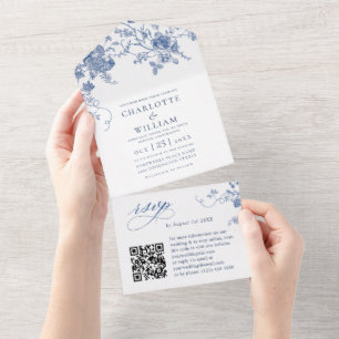 Elegant Victorian Blue French Floral Wedding All In One Invitation