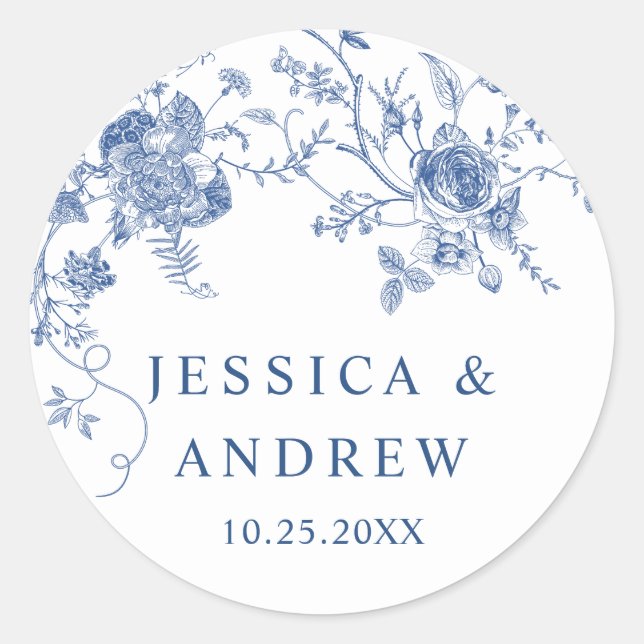 Elegant Victorian Blue French Floral Wedding Classic Round Sticker (Front)
