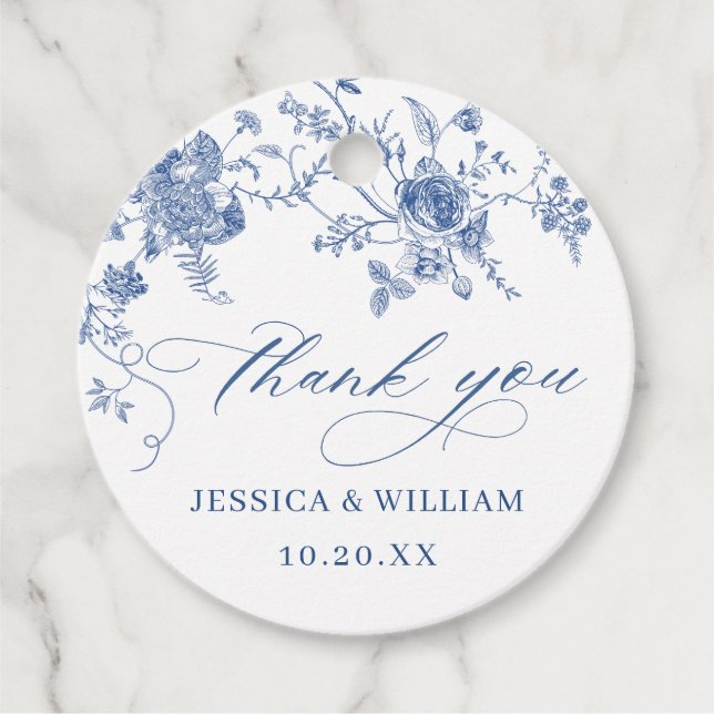 Elegant Victorian Blue French Floral Wedding Favour Tags (Front)