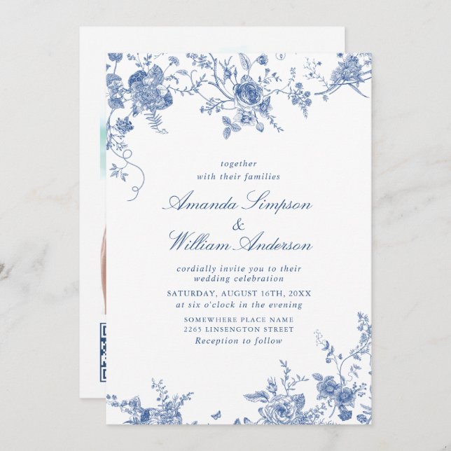 Elegant Victorian Blue French Floral Wedding Invitation (Front/Back)