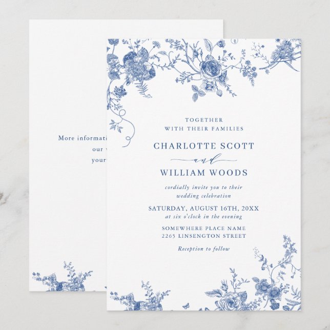 Elegant Victorian Blue French Floral Wedding Invitation (Front/Back)