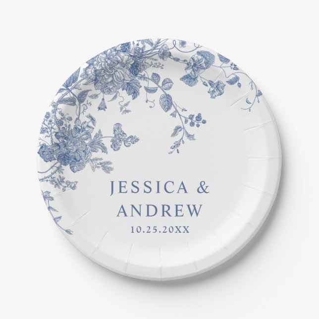 Elegant Victorian Blue French Floral Wedding Paper Plate (Front)