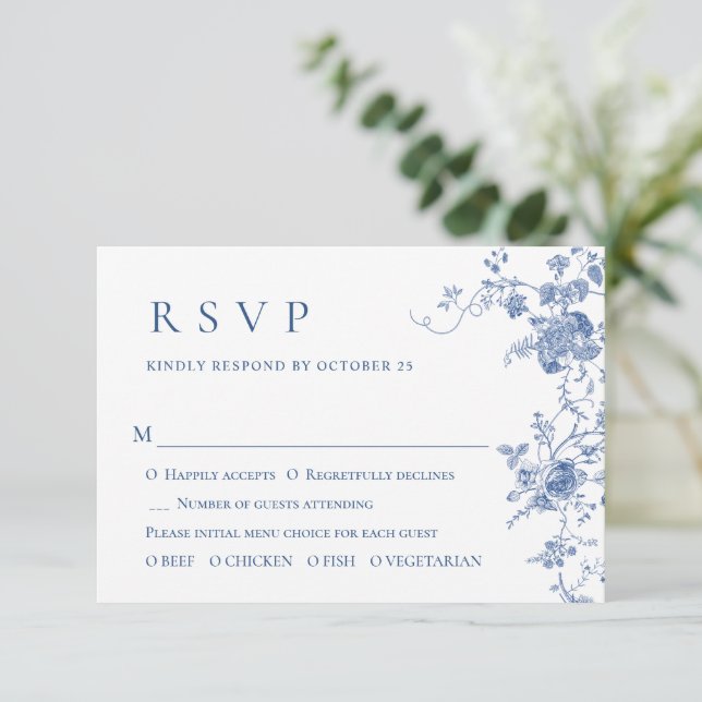 Elegant Victorian Blue French Floral Wedding RSVP Card (Standing Front)