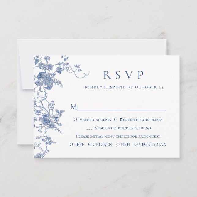 Elegant Victorian Blue French Floral Wedding RSVP Card (Front)