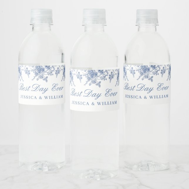 Elegant Victorian Blue French Floral Wedding Water Bottle Label (Bottles)