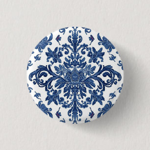Elegant Victorian Damask Flower Pattern Navy Blue  1 Inch Round Button