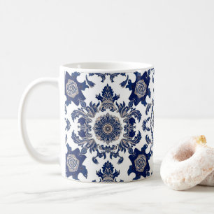 Elegant Victorian Damask Flower Pattern Navy Blue  Coffee Mug