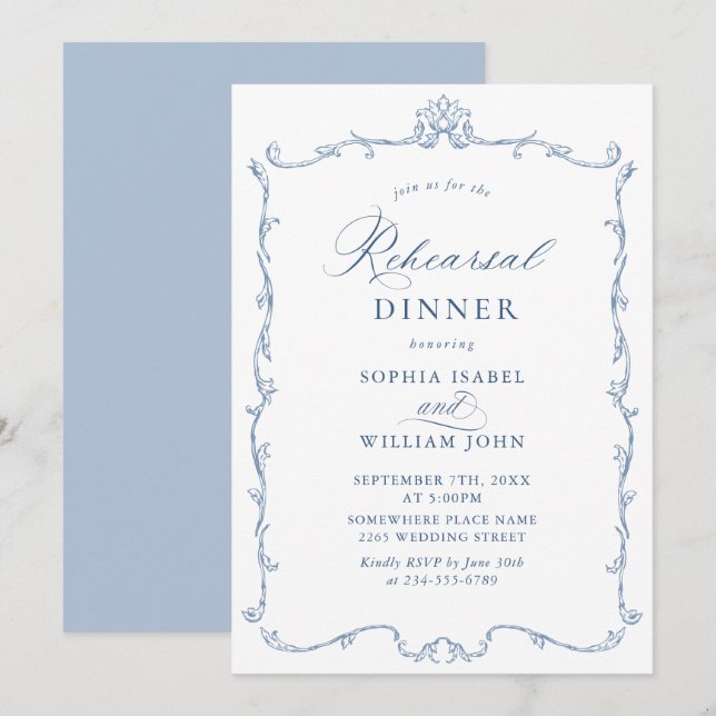 Elegant Victorian Dusty Blue Rehearsal Dinner Invitation (Front/Back)