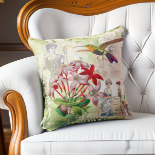 Elegant Victorian Fashion Collage Flowers Bird Throw Pillow