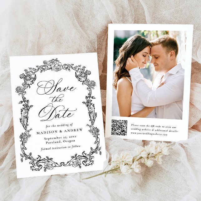 Elegant Victorian Floral QR Code Wedding Save The Date (Creator Uploaded)