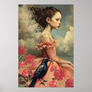 Elegant Victorian Gothic Girl Floral & Raven Poster
