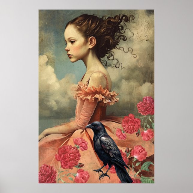 Elegant Victorian Gothic Girl Floral & Raven Poster (Front)