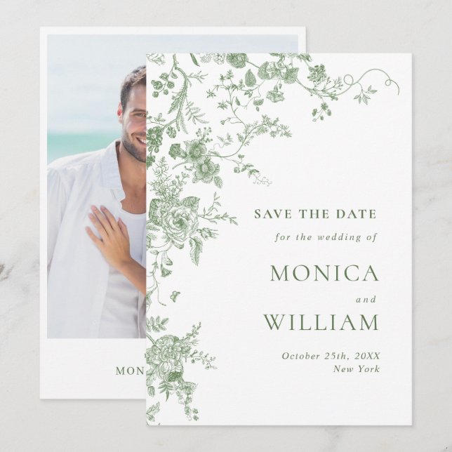 Elegant Victorian Green French Floral Wedding Save The Date (Front/Back)