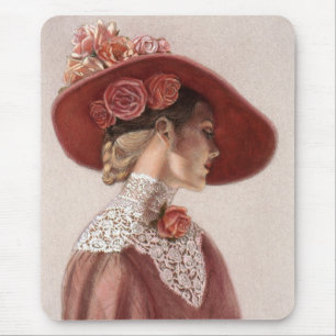 Elegant Victorian Lady Fine Art Vintage Rose Hat Mouse Pad