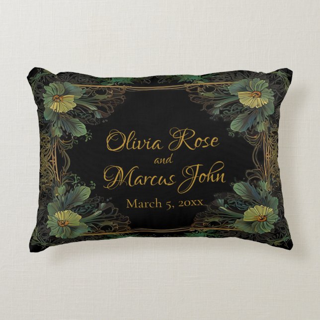 Elegant victorian moody dark green gold botanical  accent pillow (Front)