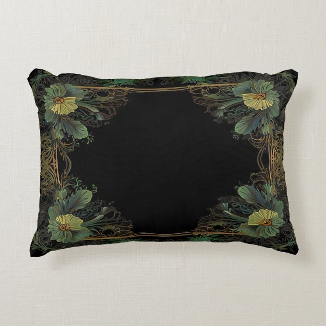Elegant victorian moody dark green gold botanical  accent pillow (Front)