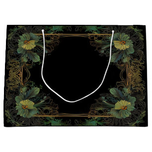 Elegant victorian moody dark green gold botanical  large gift bag