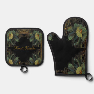 Elegant victorian moody dark green gold botanical oven mitt & pot holder set
