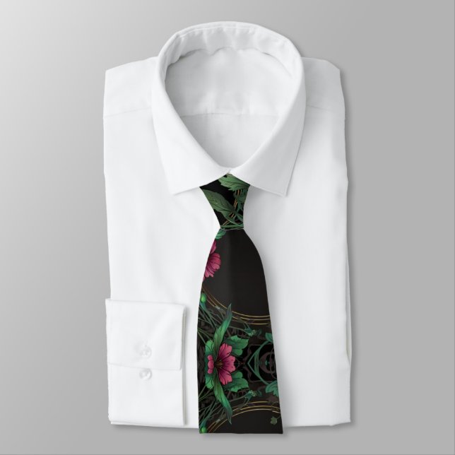 Elegant victorian moody dark green gold botanical  tie (Tied)