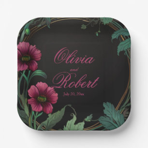 Elegant victorian moody dark green pink floral paper plate