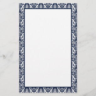 Elegant Victorian Navy Lace Damask Pattern Border Stationery
