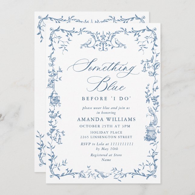 Elegant Victorian Ornate Blue Floral Bridal Shower Invitation (Front/Back)