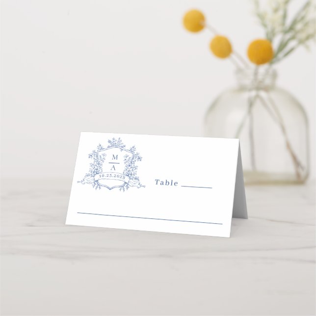Elegant Victorian Ornate Dusty Blue Floral Wedding Place Card (Front)