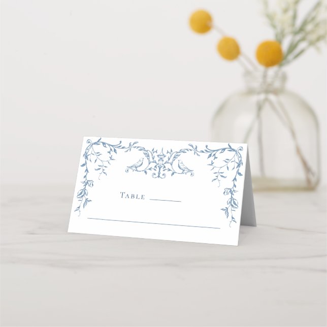Elegant Victorian Ornate Dusty Blue Floral Wedding Place Card (Front)