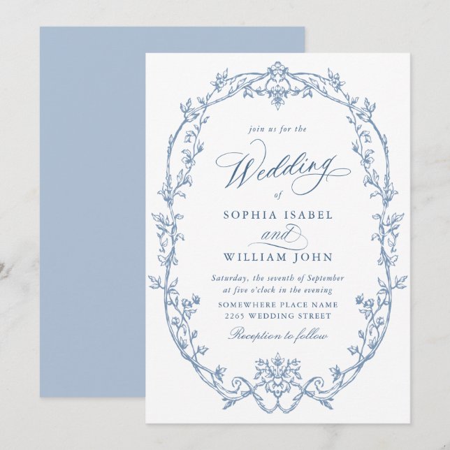 Elegant Victorian Ornate Floral Dusty Blue Wedding Invitation (Front/Back)