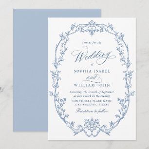 Elegant Victorian Ornate Floral Dusty Blue Wedding Invitation