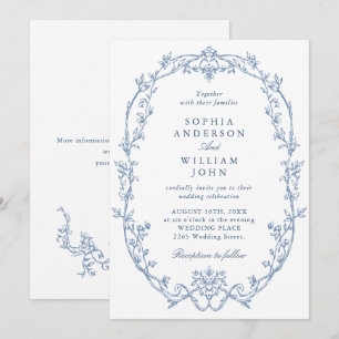 Elegant Victorian Ornate Floral Dusty Blue Wedding Invitation