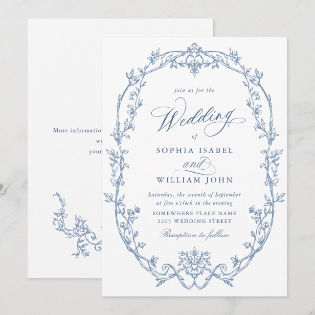 Elegant Victorian Ornate Floral Dusty Blue Wedding Invitation (Front/Back)